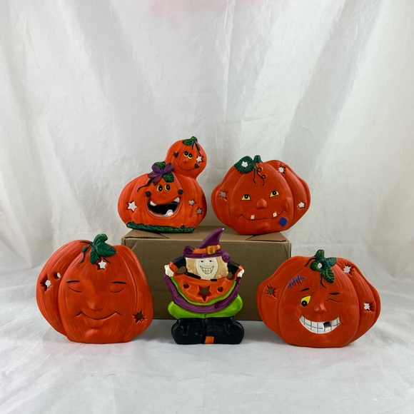 5 Halloween Pumpkin Shaped Tea Light Holders Jack-O-Lantern Witch K’s Ceramics - Picture 1 of 16
